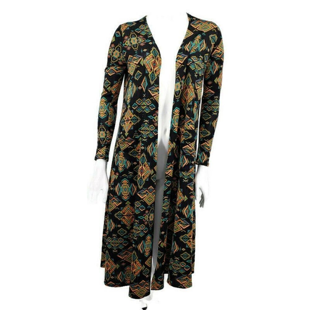 LuLaRoe Sarah Open Cardigan Womens XS Duster Kimono Black Aztec Print